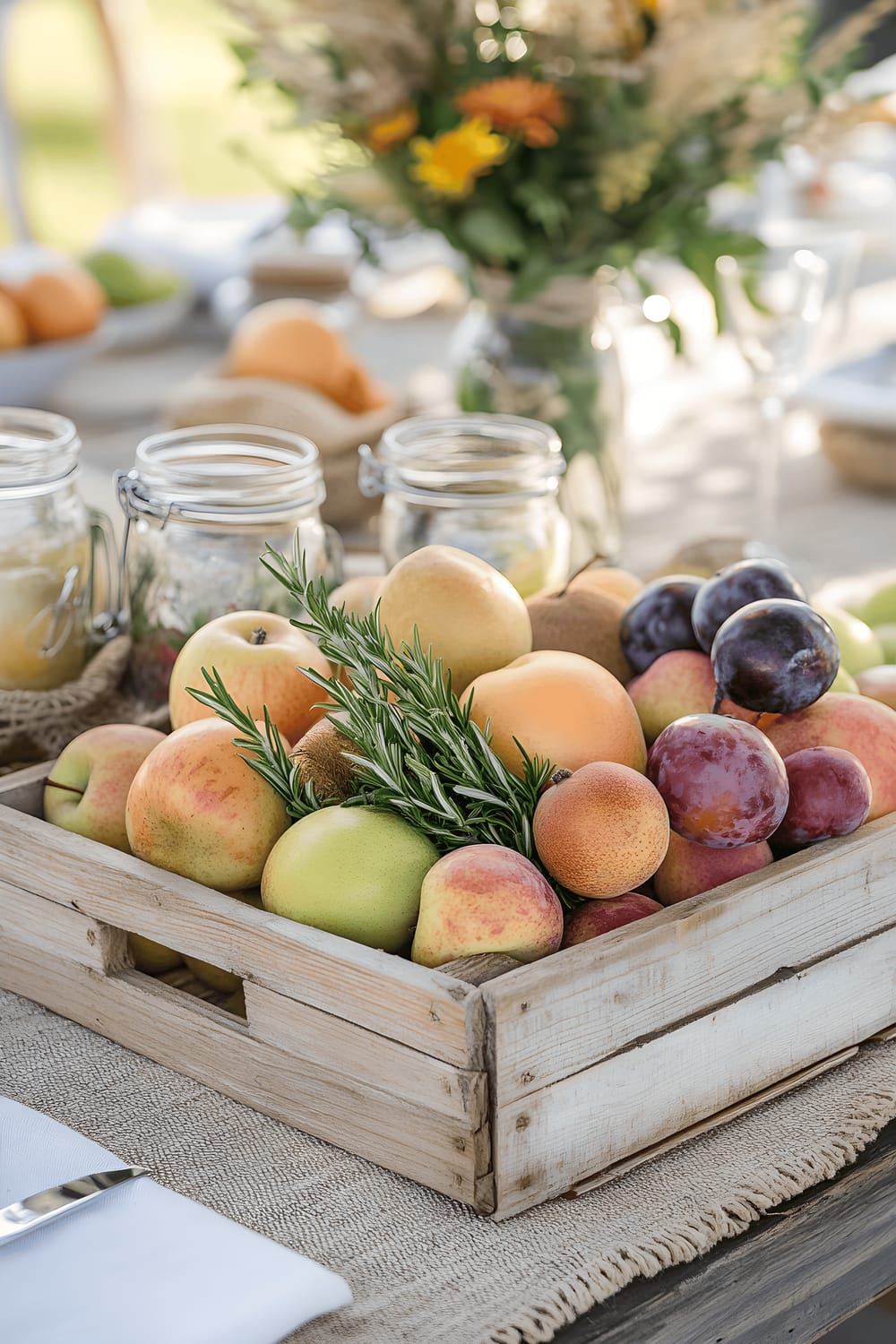 A farmhouse-inspired kitchen table centerpiece with a wooden crate filled with fresh fruits like apples, pears, and plums, decorated with small sprigs of rosemary and wheat stalks. Mason jars filled with wildflowers are scattered around the crate, which is placed on a neutral-toned burlap runner over a reclaimed wood kitchen table under warm and natural lighting.