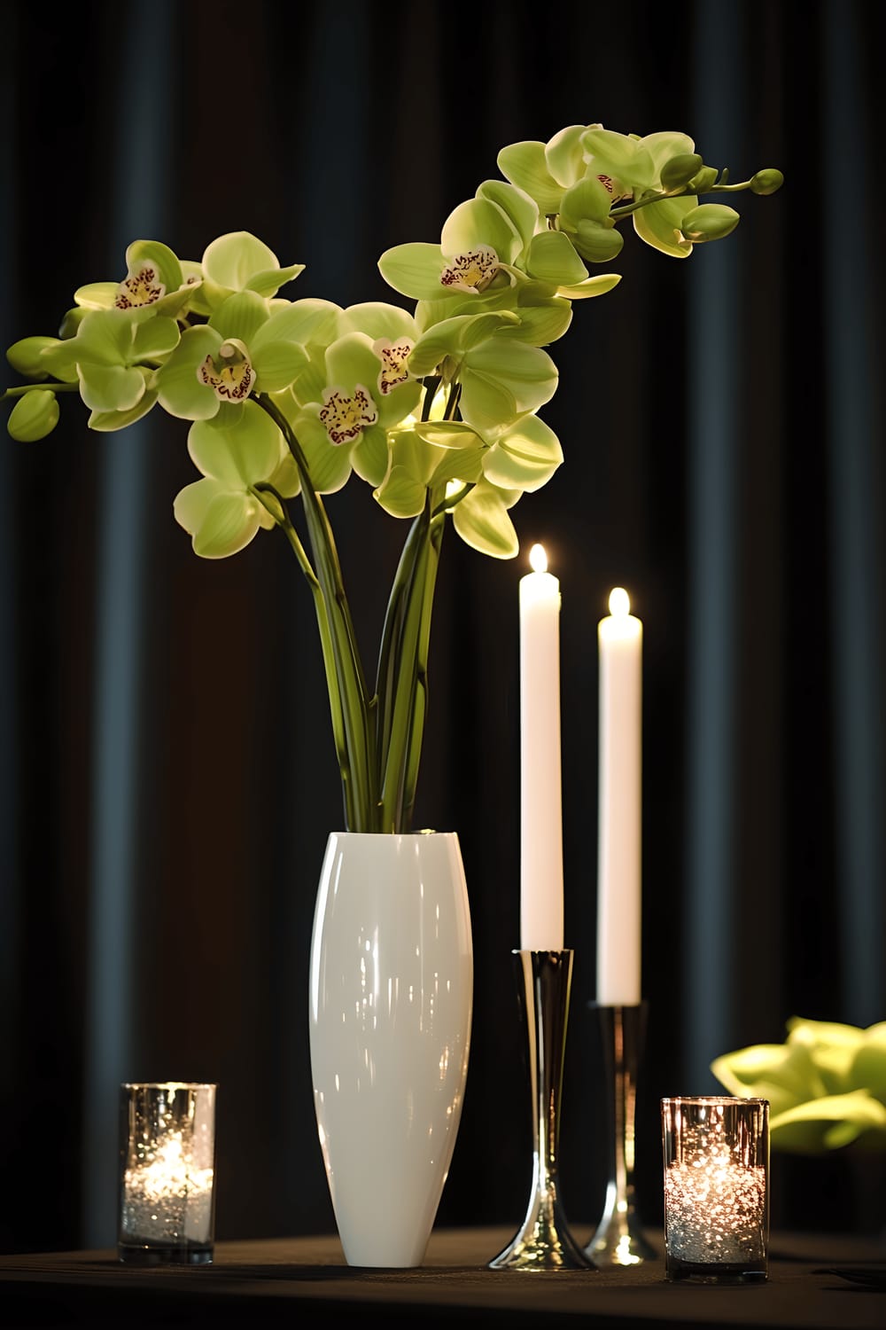 A modern minimalist centerpiece featuring a single tall white ceramic vase with green orchids, two slim metallic candle holders with white taper candles, set on a sleek matte black table with a simple monochromatic runner, all framed under focused spotlighting.