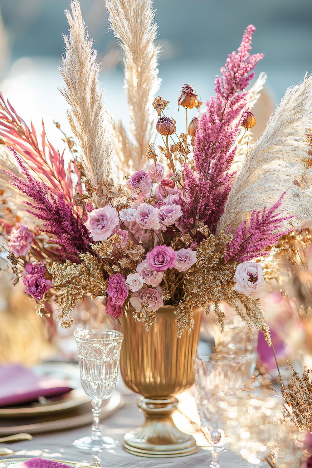 A sophisticated bouquet of magenta dried flowers and gold wheat arranged in a vintage gold vase, used as a table centerpiece. The setup is placed on a linen table runner with glassware visible around it.