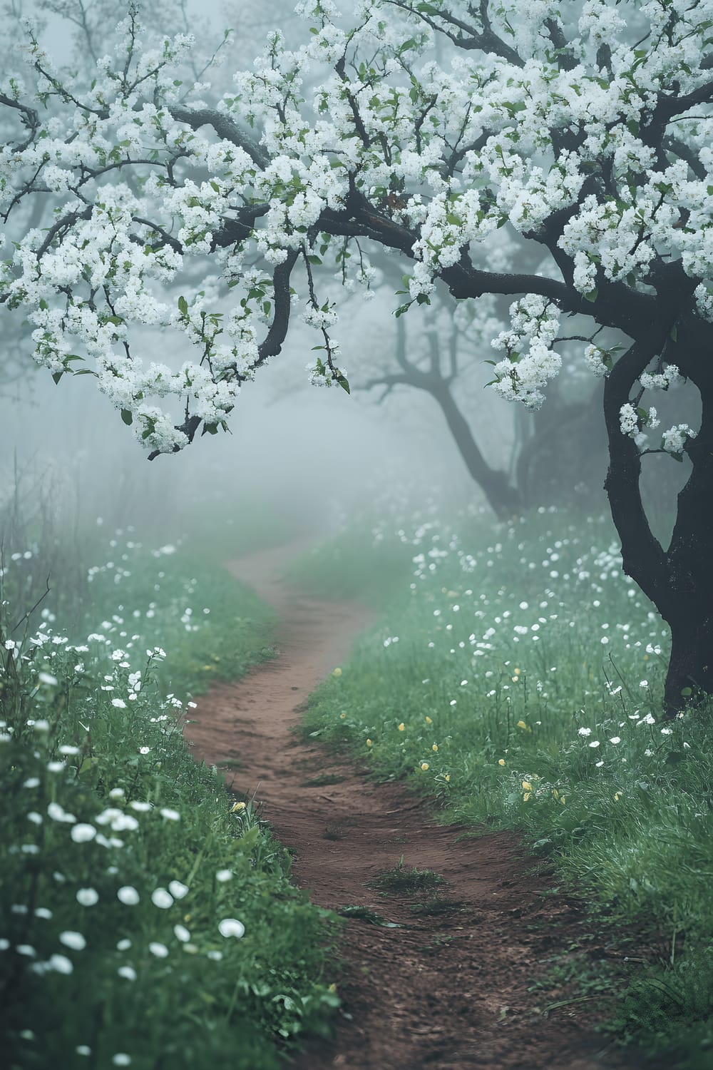 An old-world pear orchard, brimming with delicate white flowers from the Pyrus communis trees. A soft morning mist lingers among the gnarled branches and fresh green leaves that are just starting to sprout. A small, winding dirt path can be seen disappearing into the thick fog, creating a serene and poetic atmosphere in this spring landscape.