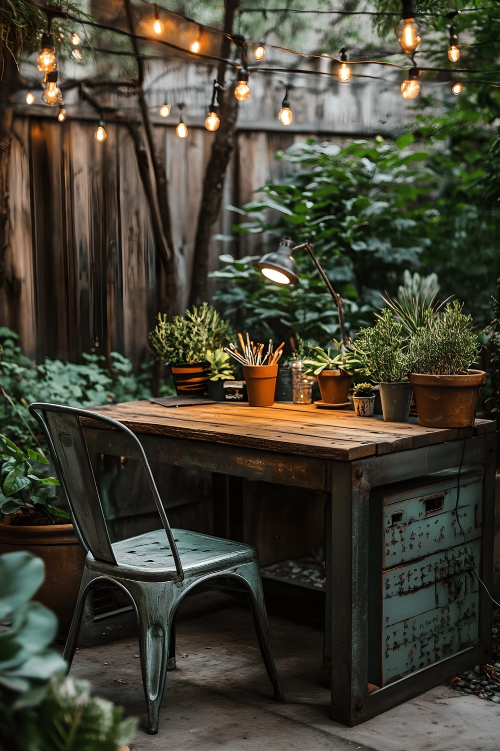 A photograph showcasing a unique backyard workspace setting that includes an industrial-style metal desk with a reclaimed wood top. A vintage metal chair accompanies the desk. The workspace is surrounded by green potted plants, and string lights can be seen overhead. The scene is lit by natural daylight, emphasizing the contrast between the different materials used in the setting.