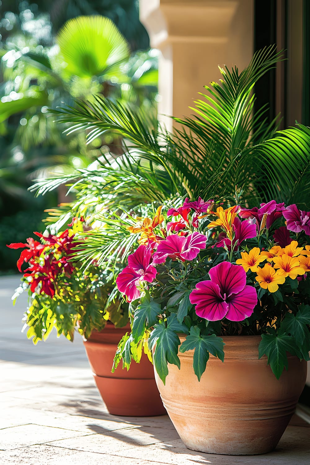 A vibrant summer planter filled with bright hibiscus flowers, colorful crotons, and dwarf palm trees. The planter is situated next to a sunny patio with multiple terracotta pots, creating a lush, tropical atmosphere.