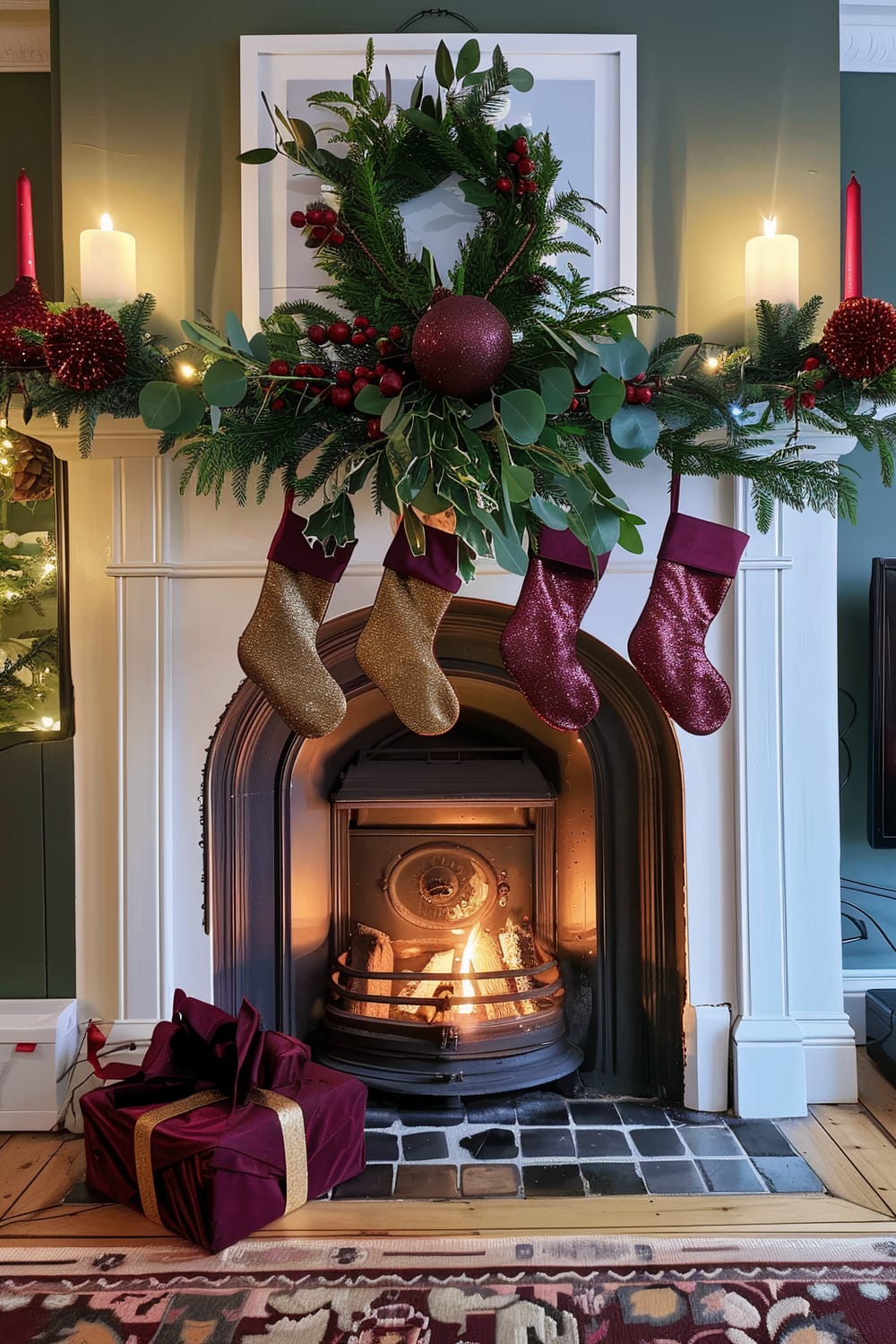 A beautifully decorated fireplace with a lively fire burning. Above the mantel, a lush green garland adorned with red berries and a large glittery red ornament cascades elegantly, complemented by two red candles and one white candle on each side. Beneath the garland, three Christmas stockings – gold, maroon, and red – hang in a row. Two gift boxes wrapped in maroon fabric with gold ribbons are placed on the wooden floor in front of the fireplace. The background features dark green walls and adjacent holiday greenery decor.