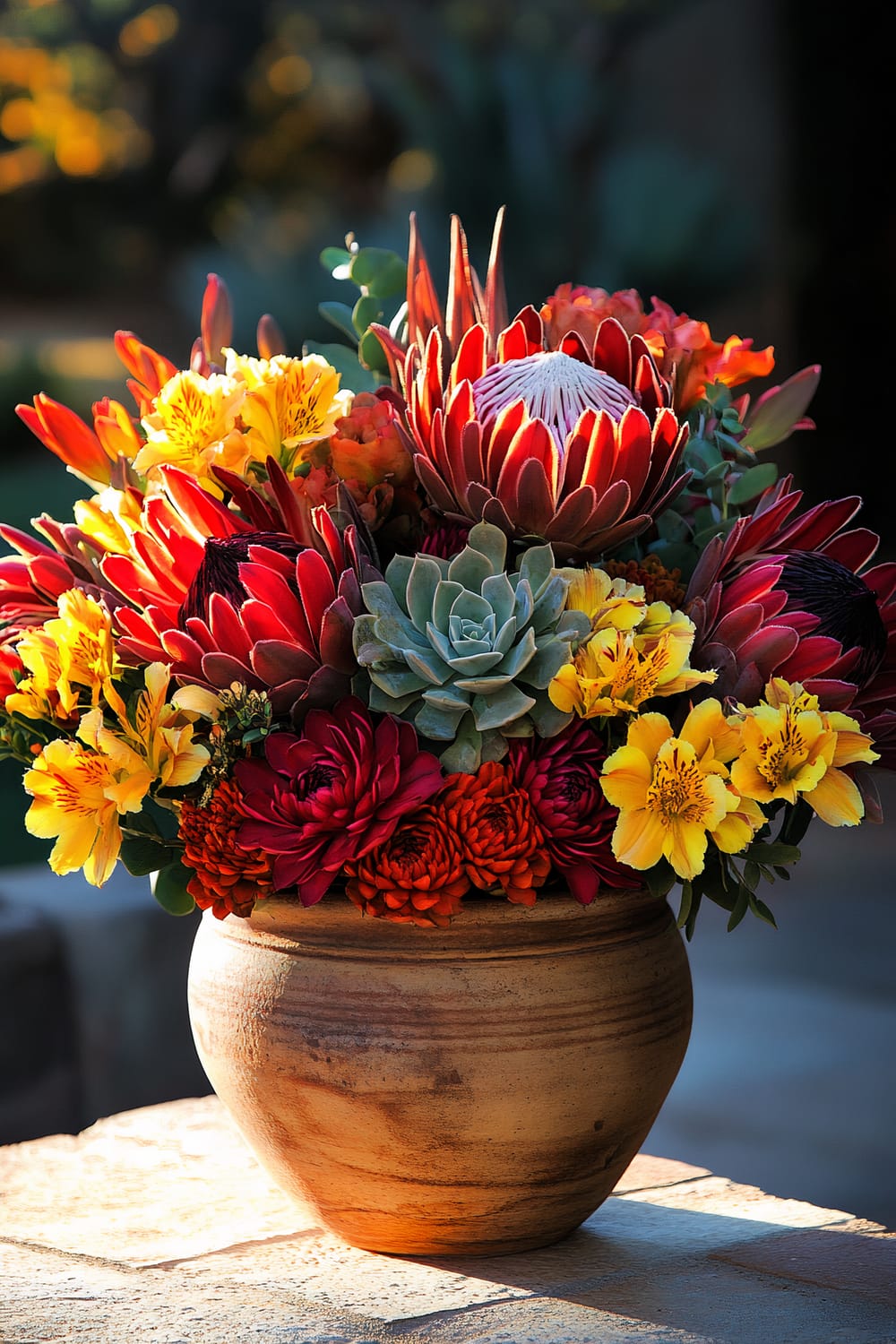 A rustic clay pot brimming with an assortment of vibrant flowers, including yellow alstroemerias, red pincushions, dark red roses, succulents, and other exotic blooms in red and orange hues. The pot sits on a stone surface, with a blurred outdoor background accentuating the vivid colors of the arrangement.