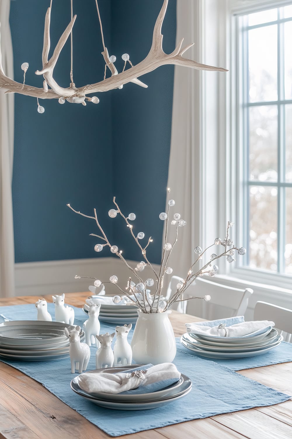 A dining table set with white plates on blue placemats. The centerpiece features branches with small lights and frosted balls in a white vase. Several white ceramic figurines of deer are arranged on the table. Above, an antler chandelier with small lights hangs, and large windows allow natural light, revealing a snowy landscape outside.