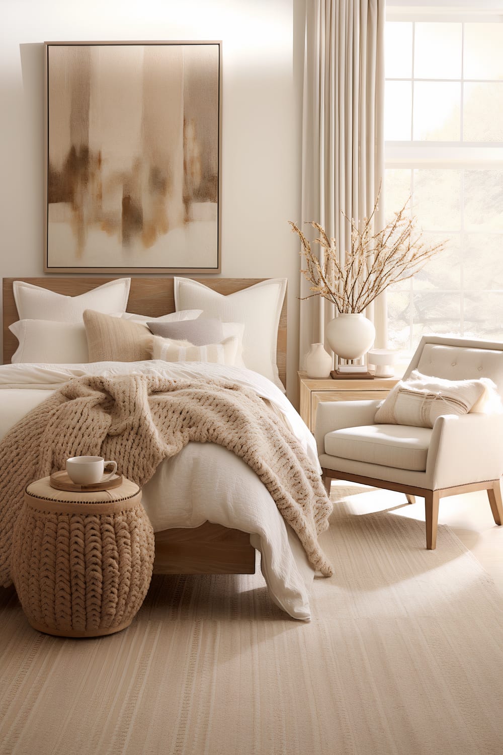 An elegantly styled bedroom featuring a neutral color palette with various hues of beige, cream, and soft brown. The room has a bed with white and beige bedding, a chunky knitted throw, and a bedside table with a ceramic vase holding branches. A cozy armchair with a pillow is paired with the decor. A large abstract painting with organic tones is hung above the bed.