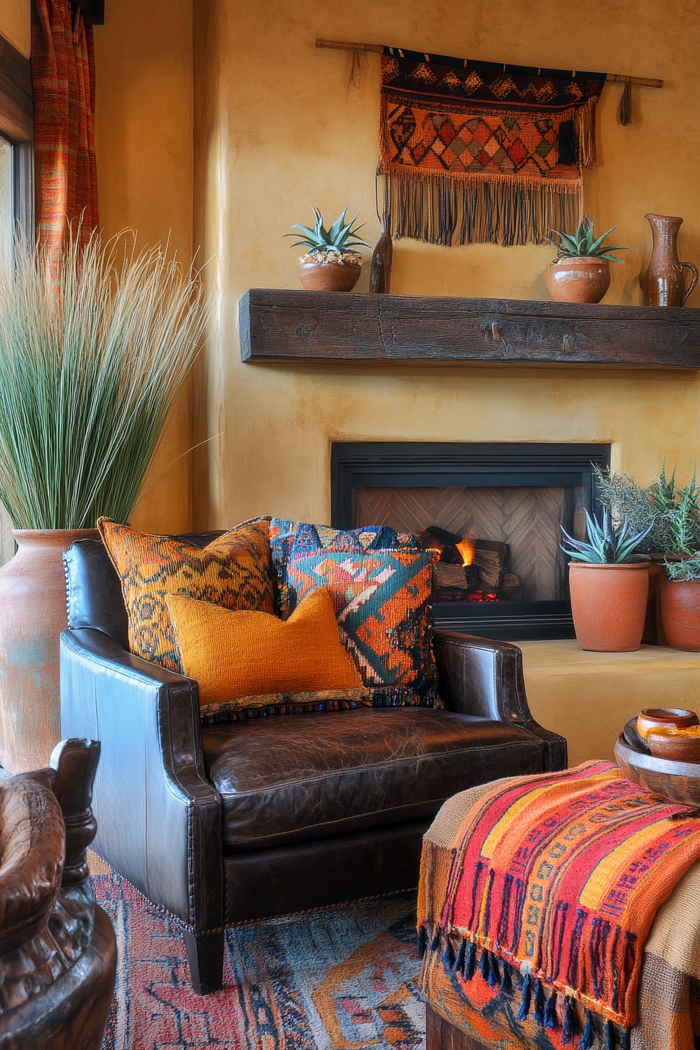 An interior living space featuring a dark leather armchair with colorful patterned and solid orange pillows. In front of the chair is an ottoman draped with a vibrant woven blanket in orange and red hues. There is a rustic wooden mantel above a lit fireplace, adorned with terracotta pots containing succulents, ceramic vases, and a small hanging tapestry. A large earthenware vase filled with dried grasses sits beside the chair, adding to the warm, earthy ambiance.