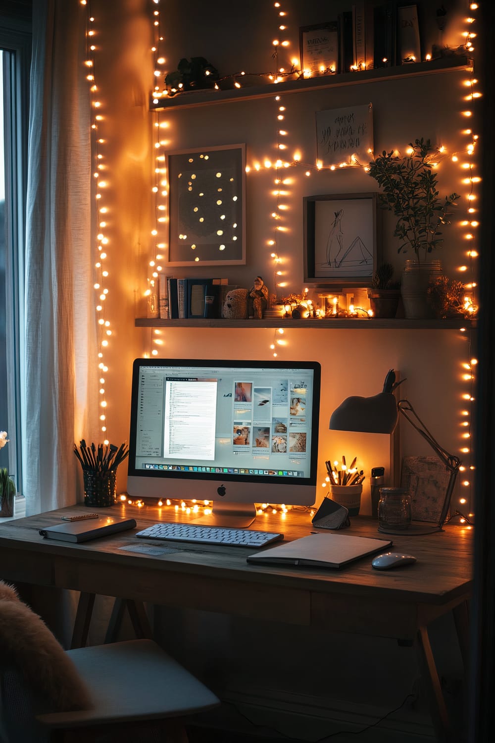 An ergonomic home office setup with a wooden desk, a large computer monitor, notebooks, pens, and potted plants, adorned with warm fairy lights creating a cozy ambiance. Shelves above the desk hold books and decorative items, while framed art and motivational quotes decorate the wall.