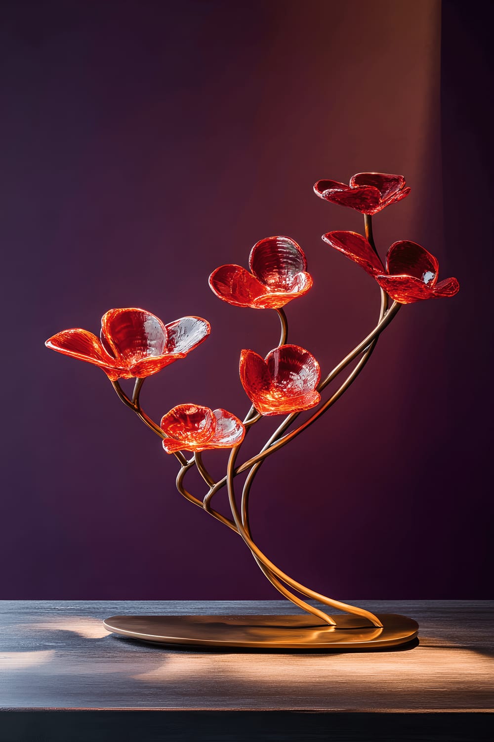 A dramatic and luxurious dining room scene focused on a brass floral sculpture centerpiece intertwined with oxblood red glass flowers. The centerpiece sits on a reclaimed wood table dressed with a dark gray runner, all set against deep purple walls. Soft, directional lighting illuminates the scene, emphasizing the intricate brass details of the sculpture and the vibrant red of the glass flowers.