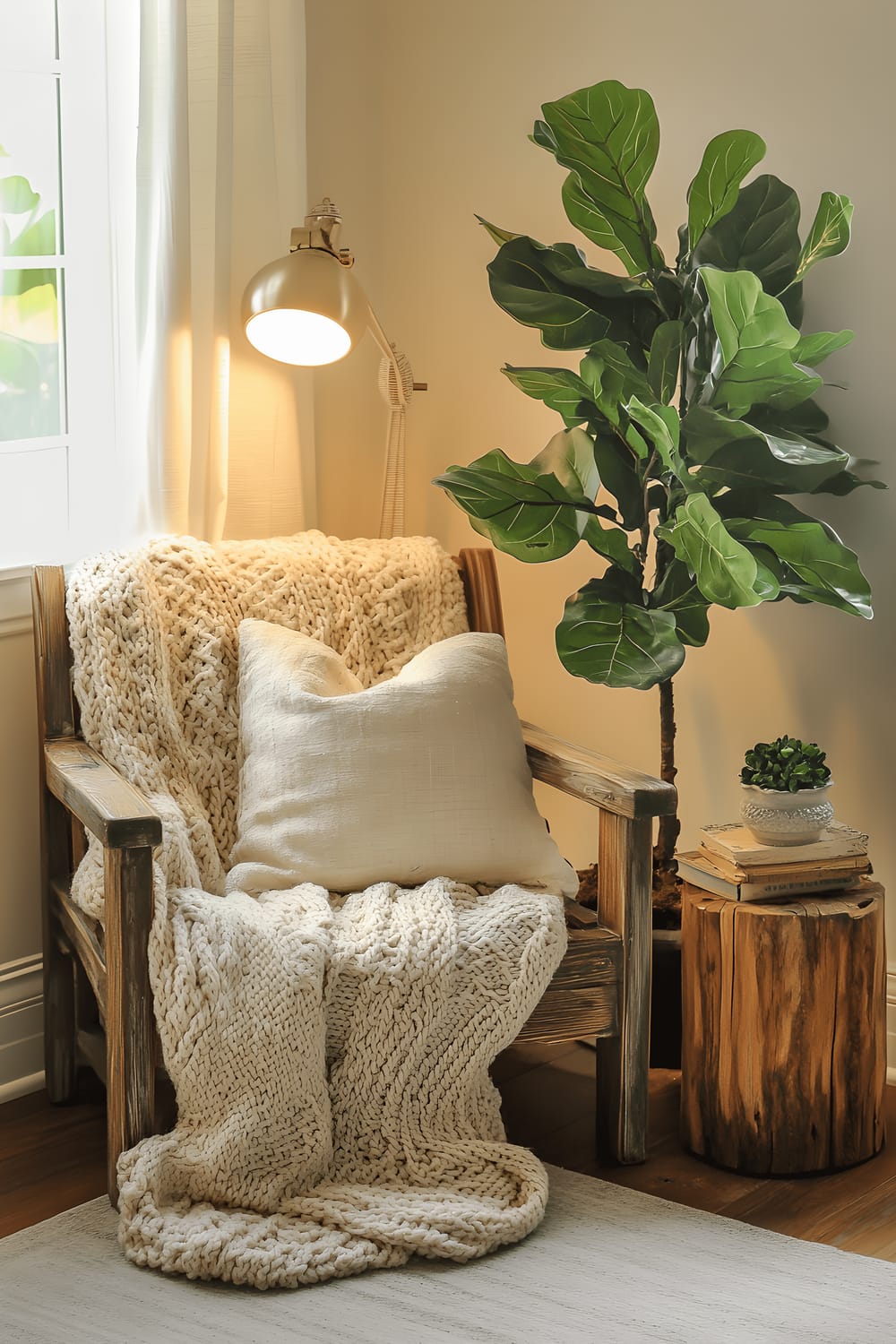 A small farmhouse-style living room corner bathed in warm ambient lighting. The setting features a distressed wooden armchair draped with a vintage knitted throw blanket, sitting next to a reclaimed wood side table on which rests a metal lamp. Tucked in the corner is a tall fiddle leaf fig tree housed in a rustic pot. The room's color scheme is a soothing mix of beige and white, complimented by the soft natural light trickling in from a nearby window.