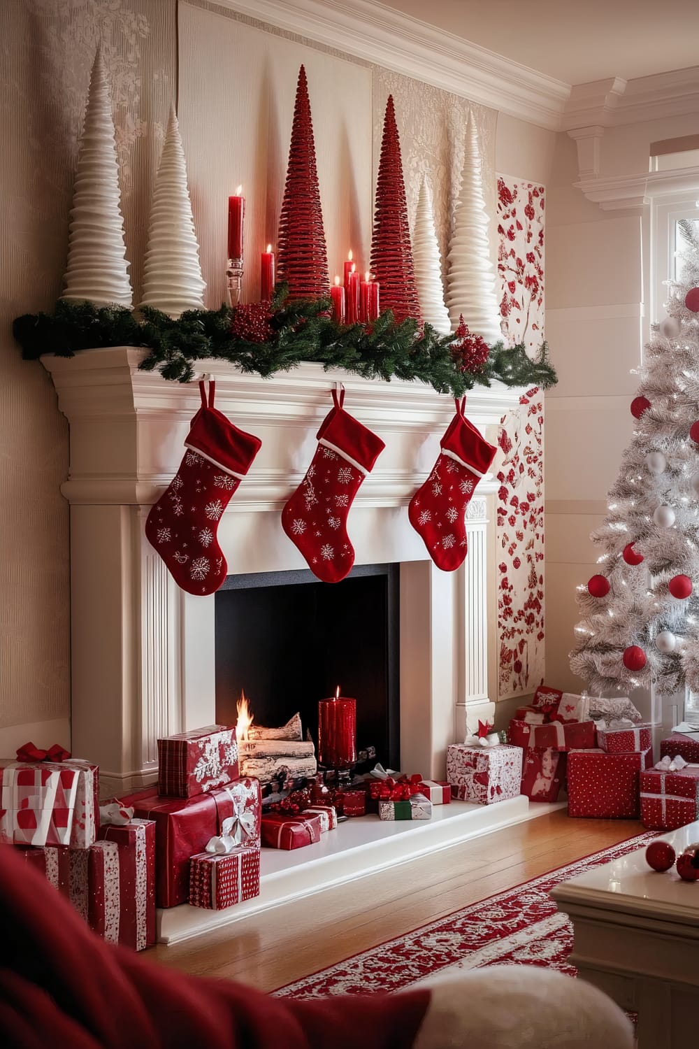 A festive living room decorated for Christmas, featuring a white and red color scheme. A white Christmas tree adorned with red ornaments stands near a fireplace. The mantel is decorated with red and white cone-shaped trees and red candles. Three red stockings with white snowflake patterns hang from the mantel. Green garlands with red berry accents add a touch of greenery. Numerous wrapped gifts in red, white, and polka-dot patterns are placed around the tree and fireplace.