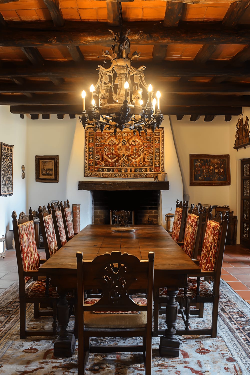 A spacious traditional Catalan dining room featuring a large wooden dining table in the center, surrounded by high-backed chairs upholstered in rich red fabric. The room is accentuated by a wooden chandelier with Catalan motifs hanging above the table, exposed wooden beams on the ceiling, and a tiled fireplace. The walls showcase traditional Catalan tapestries, enhancing the warm and rustic atmosphere.