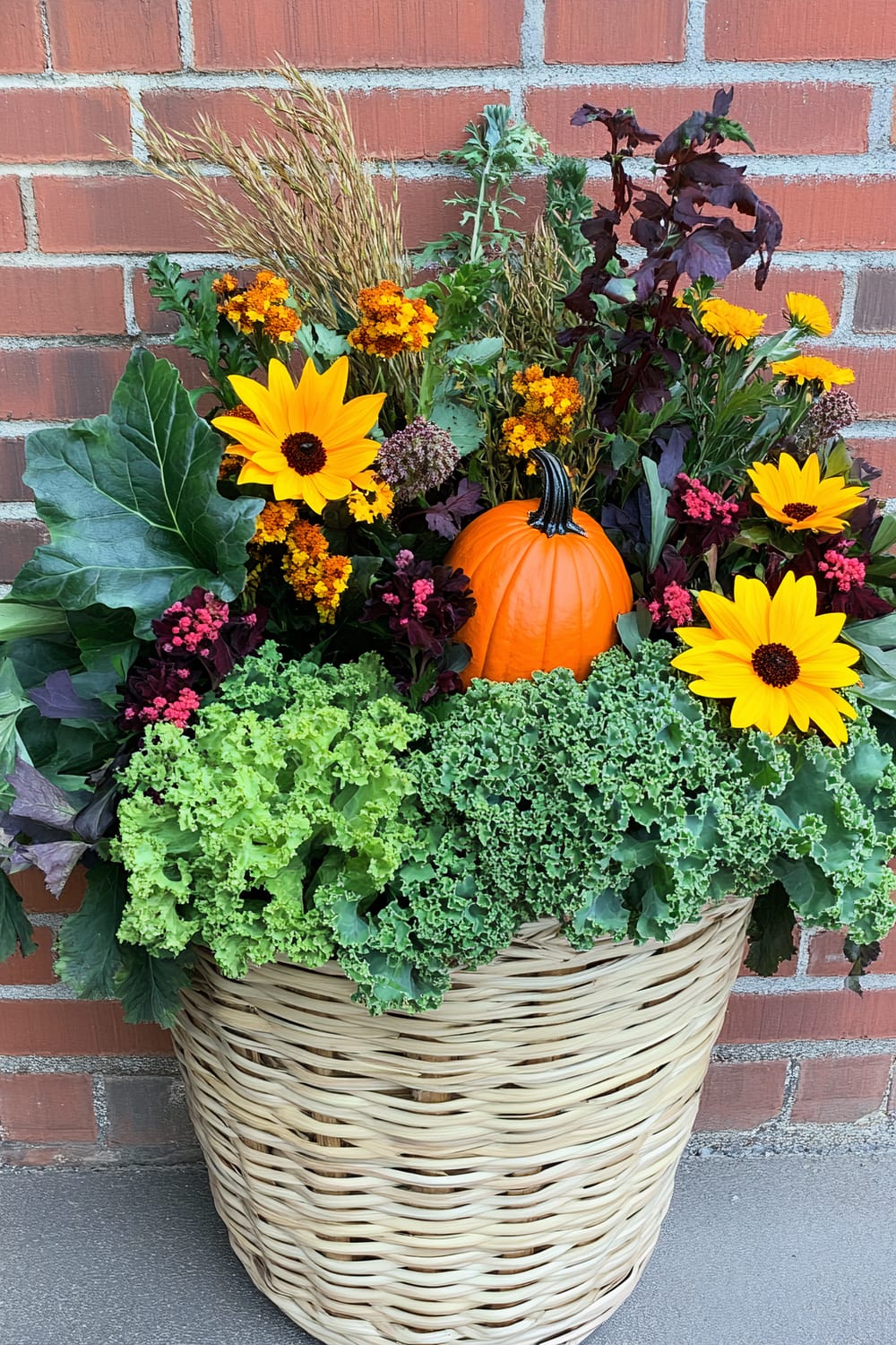 Wicker basket against a brick wall, filled with an assortment of autumnal elements such as vibrant yellow sunflowers, greenery like kale and lettuce, various colorful flowers, herbs, and a small orange pumpkin in the center.