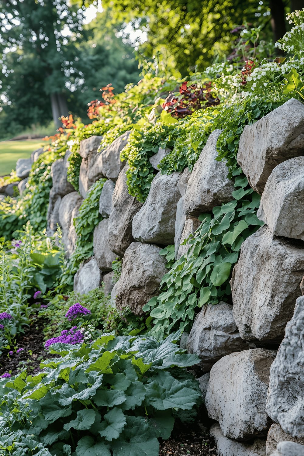 A large retaining wall constructed of flat river rocks, layered neatly to hold back a sloping hillside. The wall is beautified with patches of vibrant green ivy climbing its surface, initiating a captivating contrast with the grayish-brown rocks. At its base, a rich garden with diverse plant life spills over the rocks, adding a variety of colors to the scene. The perspective is angled from below, emphasizing the wall's imposing height and its harmonious integration with the natural landscape under the soft light of the late afternoon.