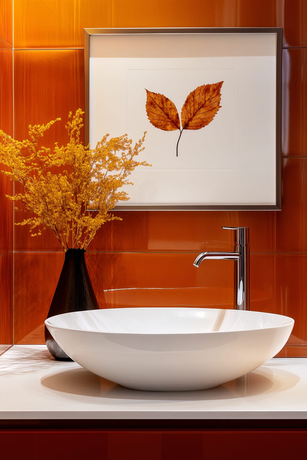 A modern bathroom features a circular white vessel sink set atop a sleek countertop. To the left of the sink is a black vase filled with delicate, yellow flowers. Above the sink, a framed piece of artwork shows two autumn leaves against a white background. The walls are adorned with glossy orange tiles, complementing the vivid color scheme.