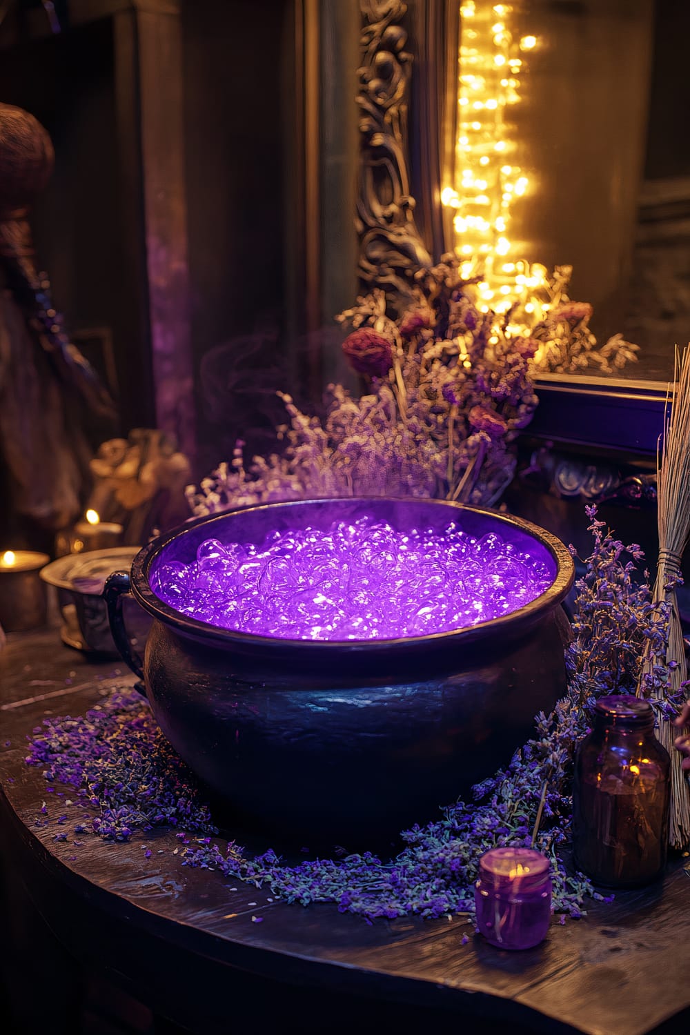 A dark wooden table features a large black cauldron filled with bubbling purple liquid surrounded by dried flowers and herbs. Soft amber lighting and fairy lights are reflected in a vintage mirror. A small glass bottle and witch's broom are nearby.