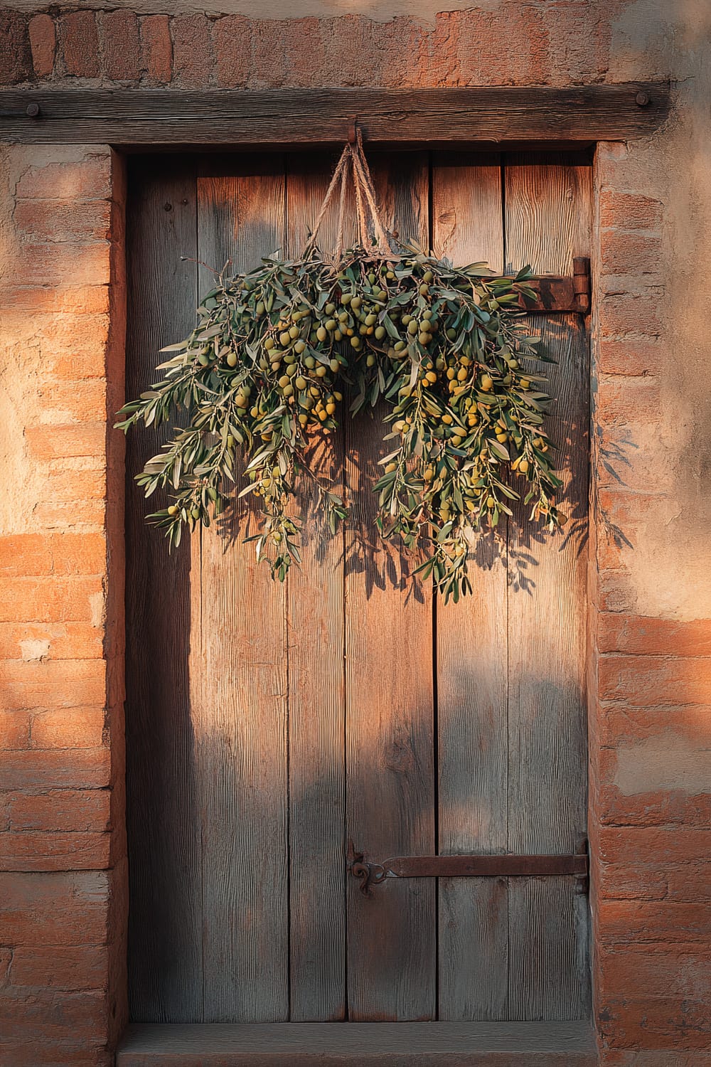 An old wooden door framed by weathered orange bricks, adorned with a rustic wreath made of leafy green branches and numerous small, unripe olives hanging from the center. The door latch is simple and worn, and the sunlight casts warm shadows on the door and surrounding wall.