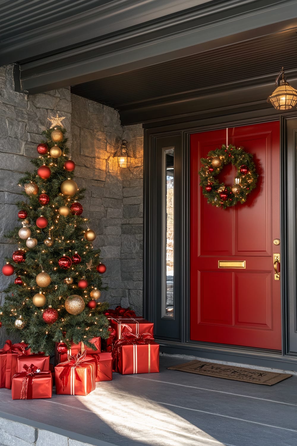 A welcoming and festive Christmas front porch featuring a vibrant red door adorned with a beautiful holiday wreath. To the left of the door stands a Christmas tree decked out with classic red and gold ornaments, along with warm white string lights. At the base of the tree, a collection of neatly wrapped red presents enhances the holiday spirit. The stone walls and clean lines of the porch provide a charming backdrop, further illuminated by a rustic porch light.