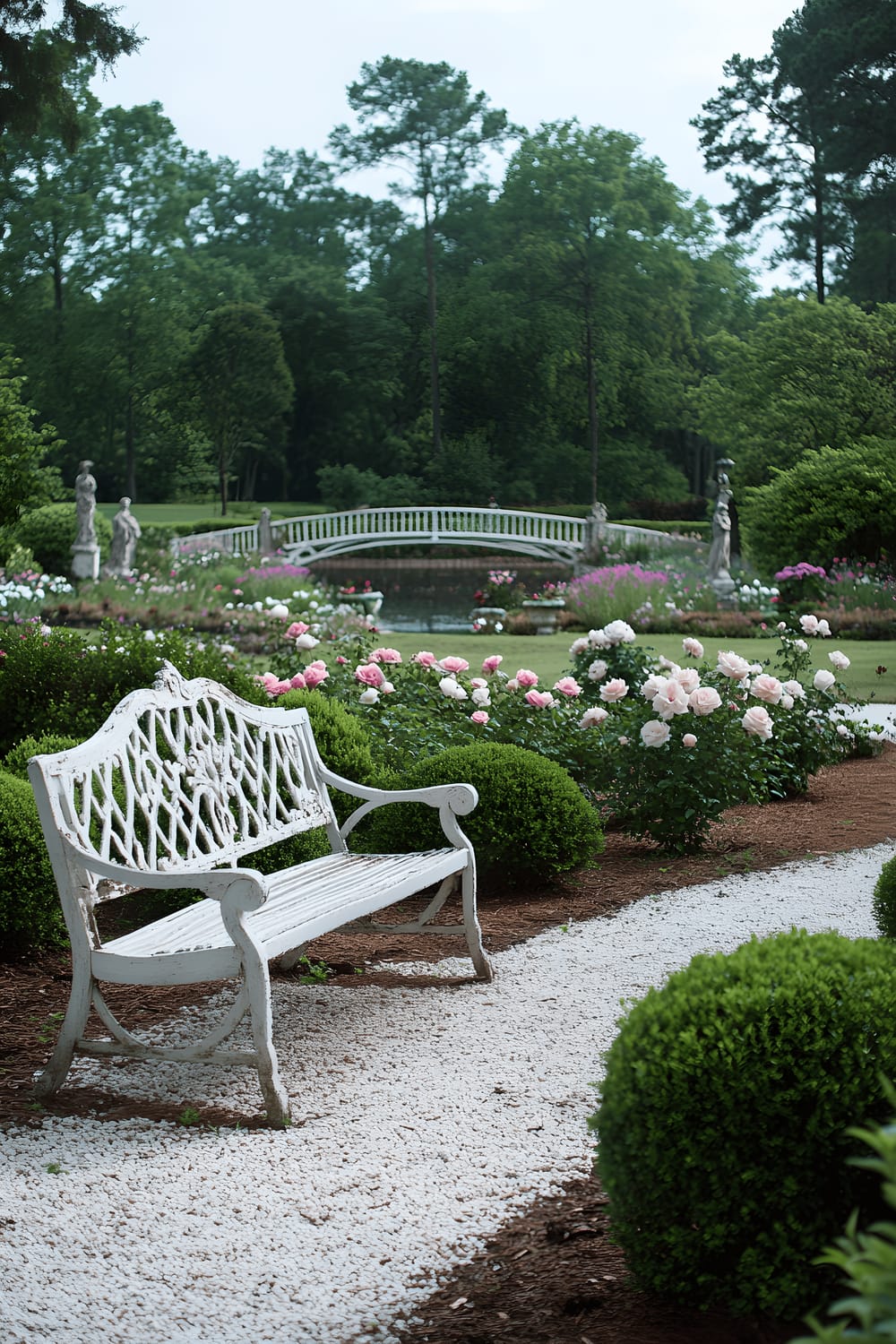 A quintessential English garden captured in soft afternoon light packed with various classic blooms including roses, peonies, and lavender arranged in tidy flower beds. Gravel pathways wander through the garden, passing a quaint wooden bridge over a trickling stream. Elegant topiaries and ornamental garden statues contribute to the garden's allure, while a white iron bench is nestled underneath a flowering magnolia tree. The image is taken from a heightened perspective to showcase the garden's lushness and symmetry.