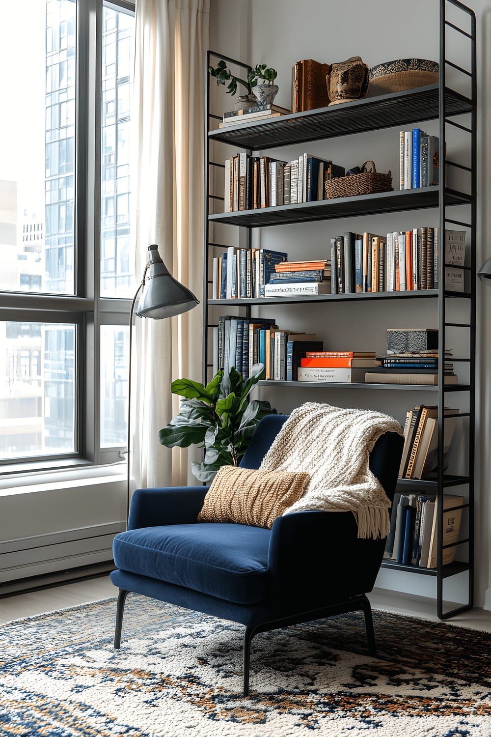 A corner view of a living room in an apartment showcasing an industrial-style metal bookshelf crammed with books and knick-knacks. To the left is a comfortable navy blue armchair draped with a chunky knit throw, accompanied by an elegant metal floor lamp. The scene is naturally lit by the luminance filtering in through the windows in the background.