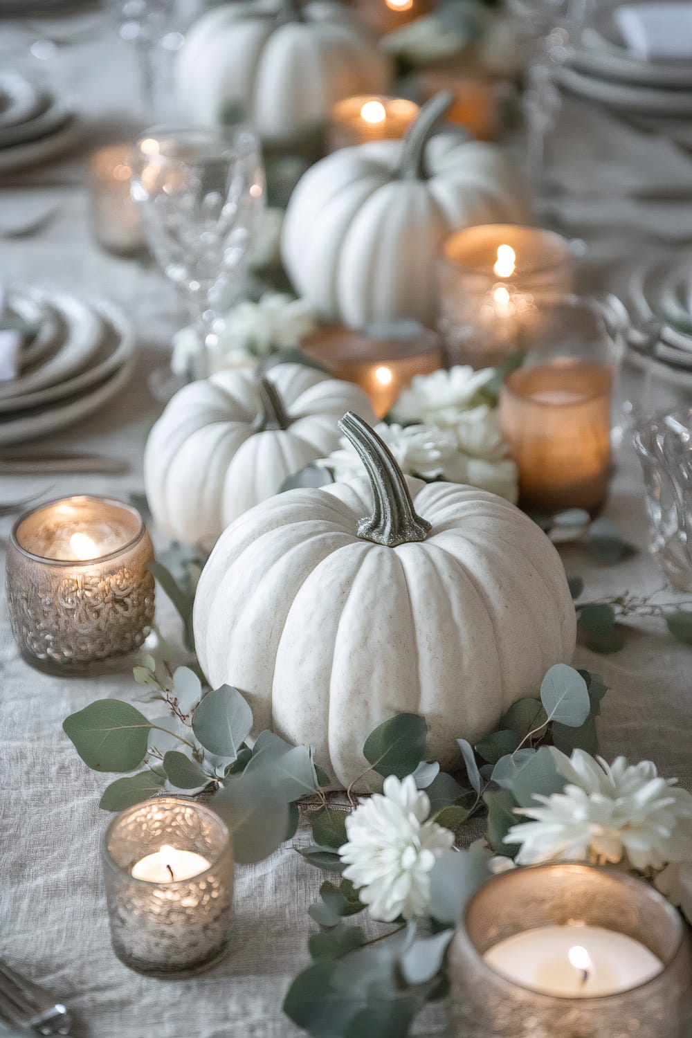 An elegantly set dining table decorated with small white pumpkins, greenery, flowers, and candles. The table features intricate glassware, beige or white plates and linens, and various candles in glass holders, casting a warm glow.