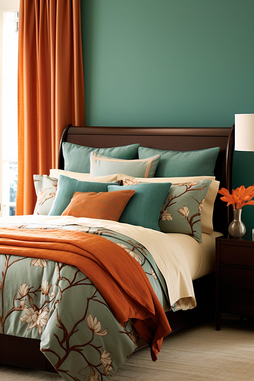 A stylish bedroom features a wooden sleigh bed adorned with teal and orange bedding. The bed has multiple teal and orange pillows, and the duvet cover showcases a floral pattern. An orange throw drapes over the foot of the bed. To the right, an elegant bedside table holds a white lampshade and a vase with vibrant orange flowers. The wall behind the bed is painted in a rich teal color, complemented by warm orange curtains to the left.