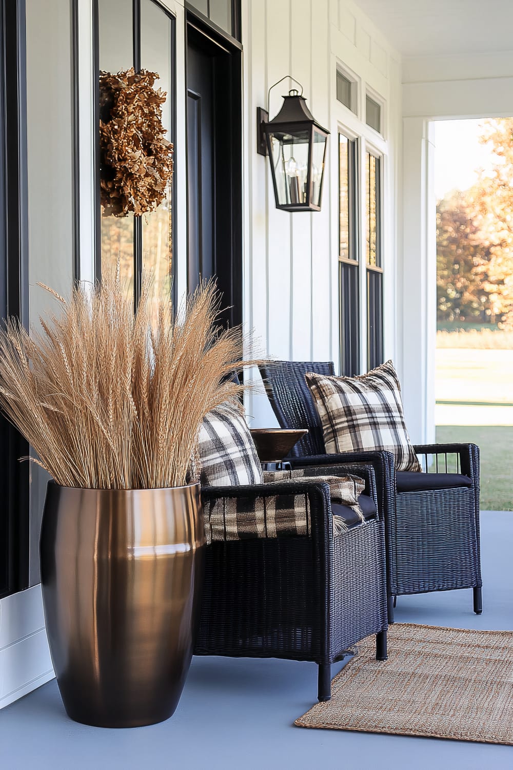 A stylish porch area featuring black wicker chairs adorned with black and white plaid cushions. The chairs are placed next to a large bronze vase filled with dried ornamental grass. Above the chairs, a black wall-mounted lantern provides a vintage touch, and a brown wreath hangs on the black-paneled wall. The porch flooring is a muted blue-gray, complemented by a woven rug. In the background, large windows reflect the autumn colors of the outdoor scenery.