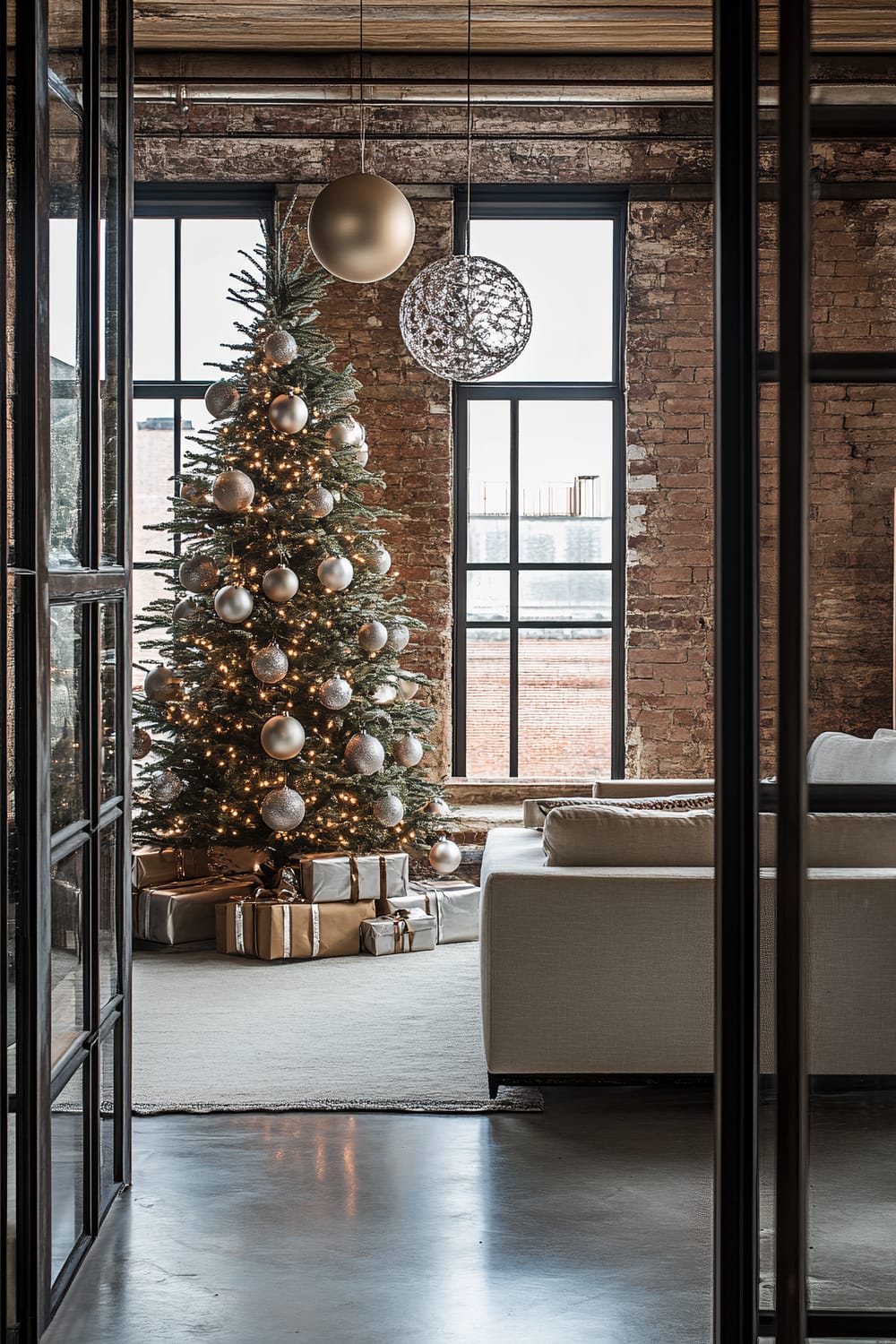 An industrial-style living room with exposed brick walls and large windows. A decorated Christmas tree stands near the windows, adorned with silver and gold baubles and twinkling white lights, with several wrapped gifts underneath. The scene also includes a pair of hanging modern light fixtures and part of a beige sofa.