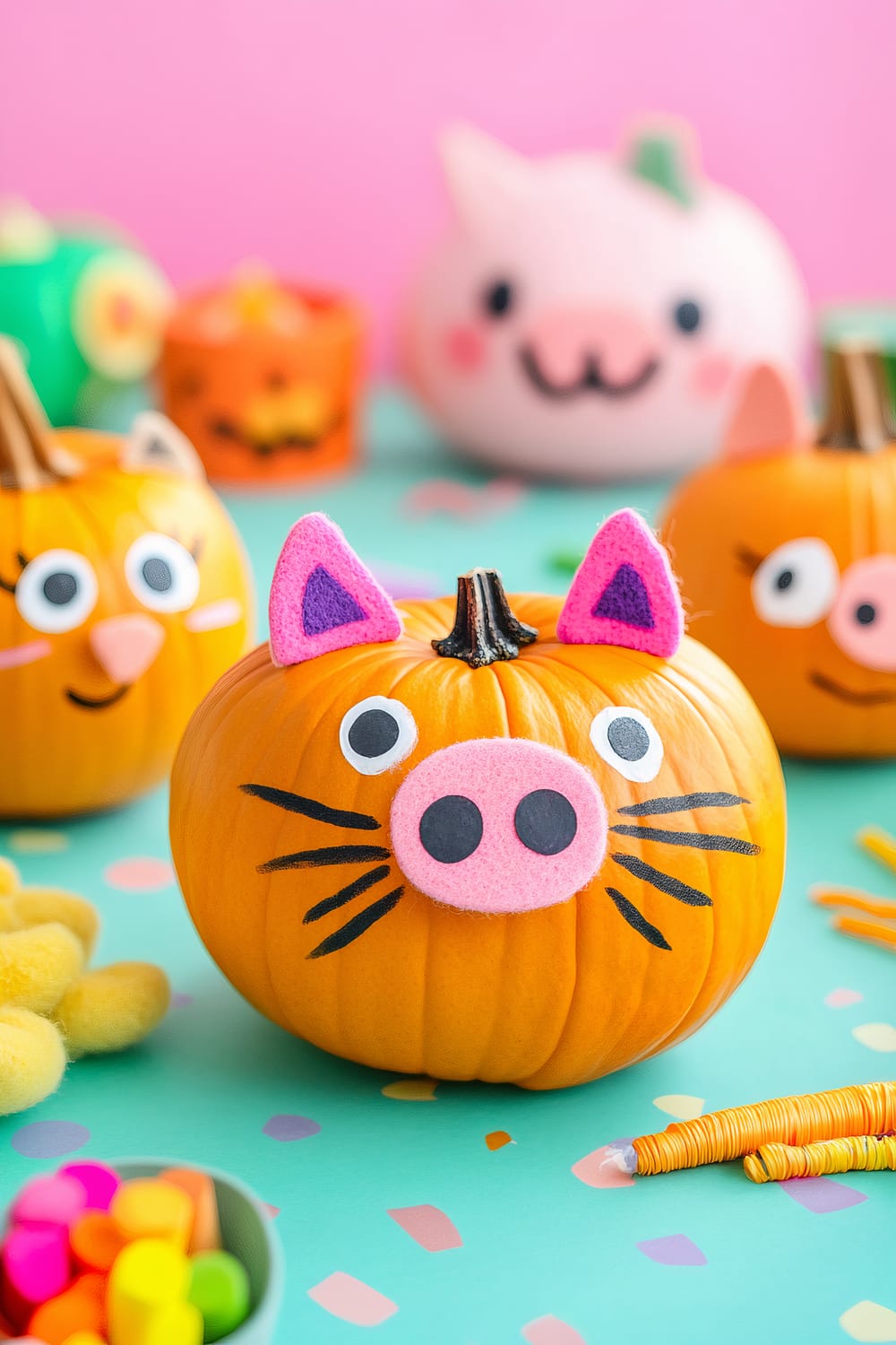 Several small pumpkins are decorated with various animal faces made from craft materials. The foreground pumpkin has a pink felt snout and cat ears, googly eyes, and black whiskers. Behind it, other pumpkins feature faces mimicking cats, pigs, and other animals. The backdrop is a pink wall, with a blue surface scattered with colorful confetti.