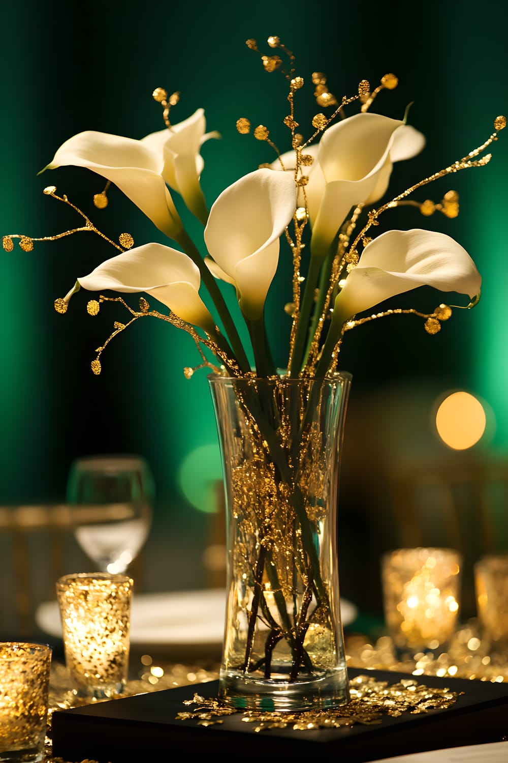 A sophisticated centerpiece featuring a tall crystal vase holding four white calla lilies and two gold-painted branches. The vase sits on a sleek black rectangular plate adorned with ten small gold confetti pieces. The arrangement is set against a deep emerald green background.