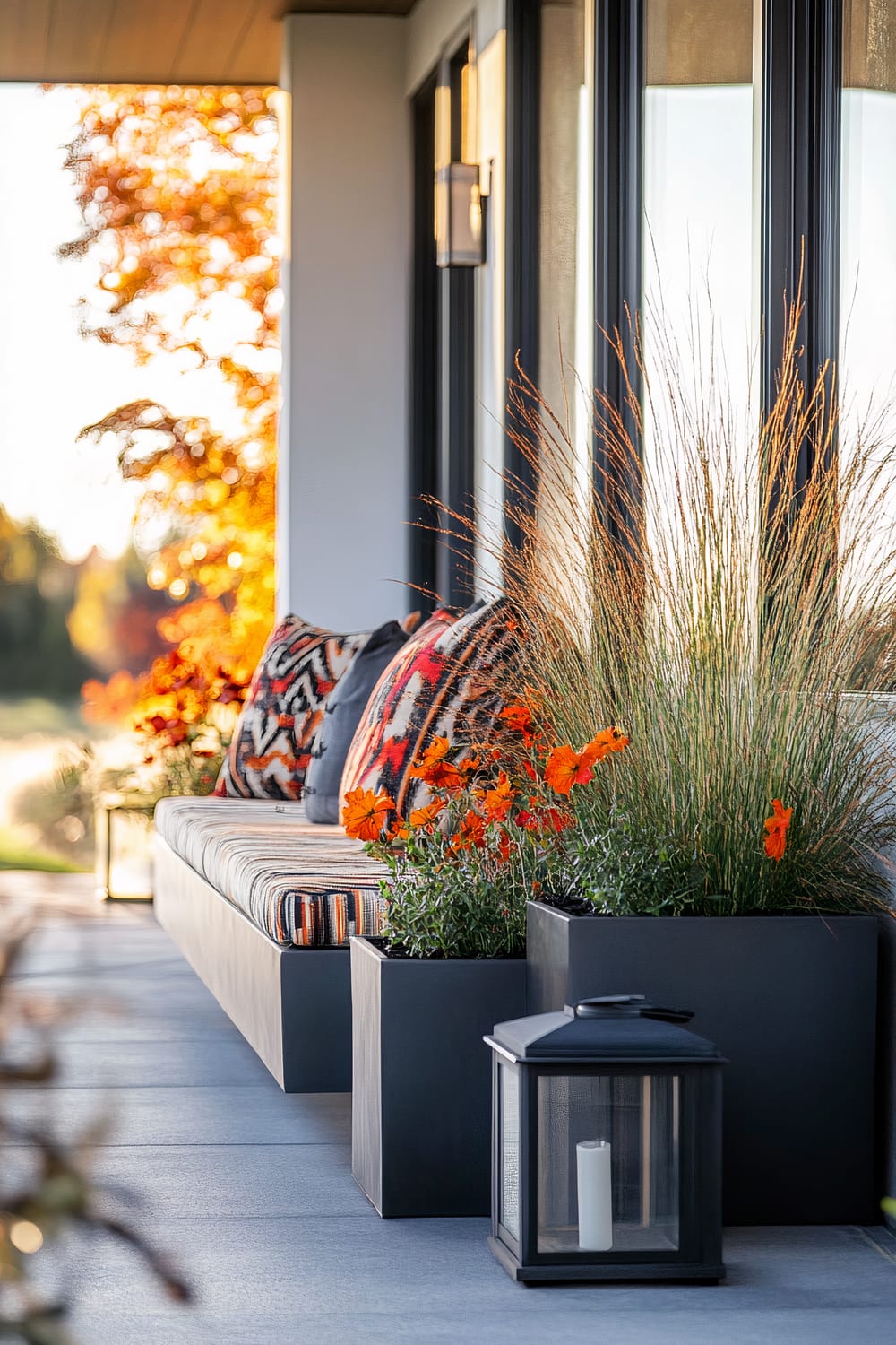 A modern outdoor seating area featuring a long bench with striped upholstery, accented by vibrant patterned cushions. The bench is flanked by tall black planters containing orange flowers and ornamental grasses. In the foreground, there is a black lantern with a white candle inside. The autumnal setting is highlighted by trees with colorful fall foliage visible in the background.