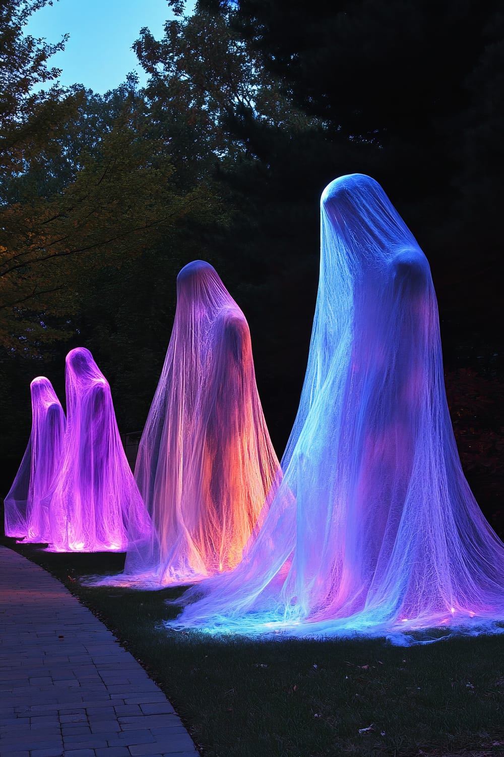 A Halloween outdoor decoration featuring ghostly silhouettes draped in semi-transparent veils illuminated by colored lights. The backlighting in shades of pale purple and icy blue creates an ethereal glow, with a minimalistic surrounding landscape to emphasize the ghost figures.