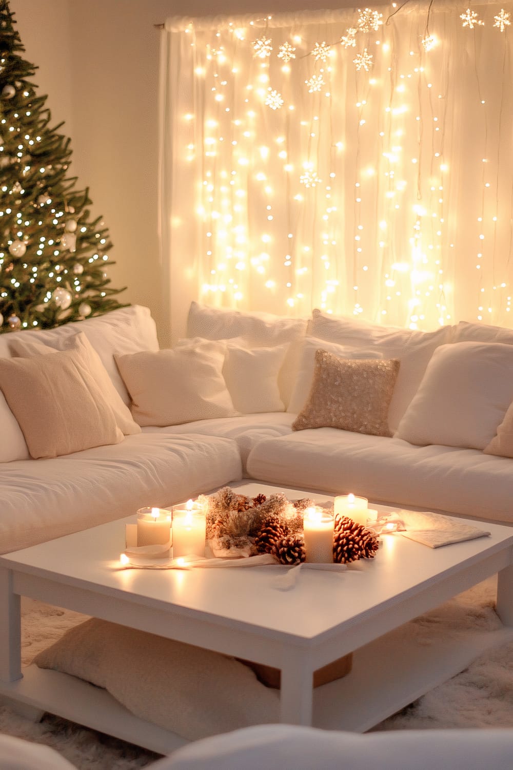 A spacious living room featuring a large white sectional sofa adorned with various cream-colored and textured pillows, creating a comfortable and inviting seating area. Behind the sofa, a curtain of twinkling fairy lights and white snowflake ornaments add a magical and festive touch to the room. A beautiful Christmas tree, decorated with coordinating white and gold ornaments, stands in the corner. In the foreground, a white coffee table is accentuated with a centerpiece consisting of white candles, pinecones, and seasonal foliage, emitting a warm, cozy glow throughout the space.