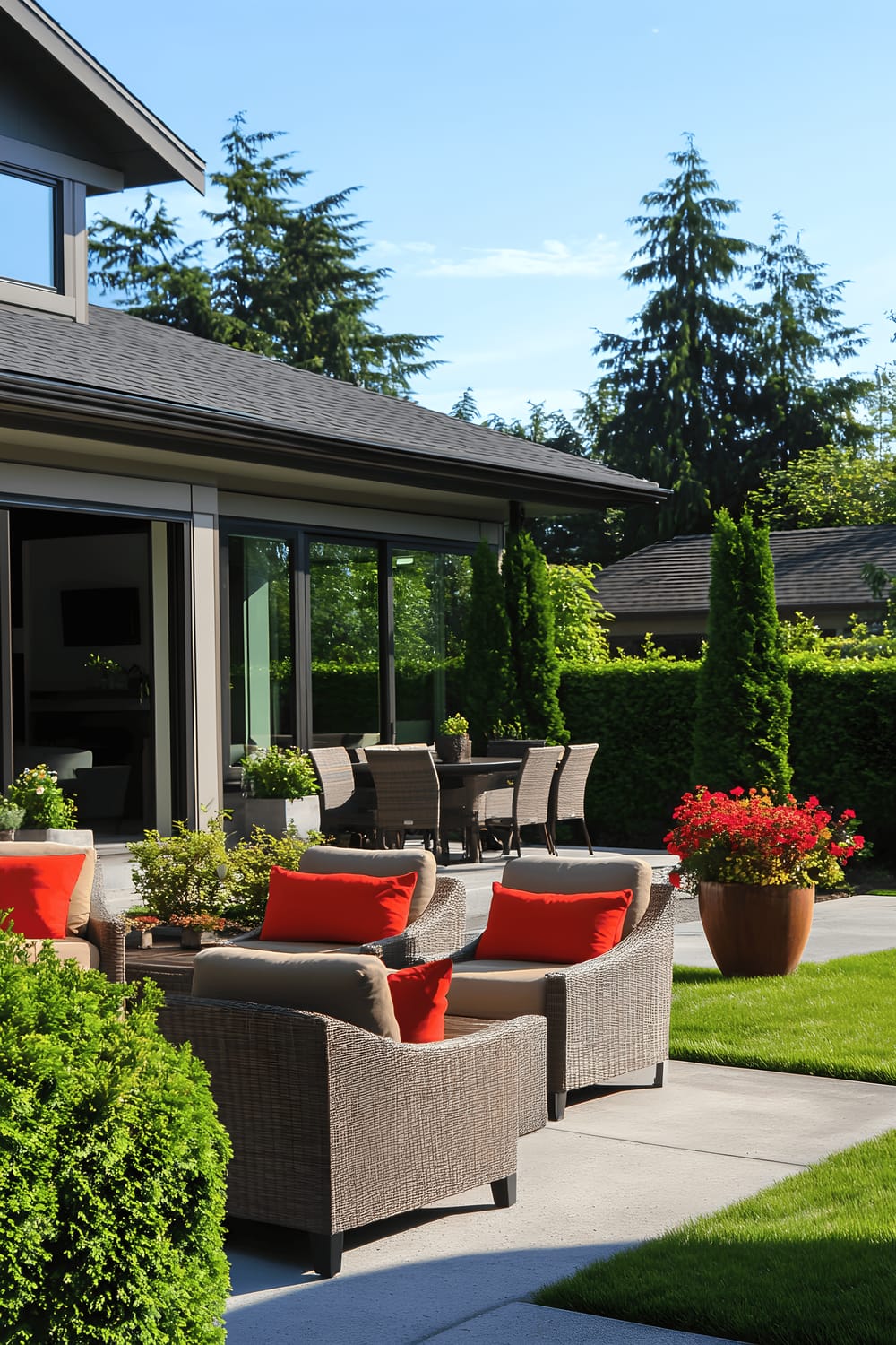 A spacious backyard boasts a clean and simple patio design with beige outdoor furniture adorned with vibrant red and orange cushions. The patio area is surrounded by a well-maintained lawn and lush green bushes. A potted plant adds a pop of colour to the concrete patio surface, with a large-windowed house acting as the backdrop. The picture combines outdoor enjoyment with a sense of interior comfort.