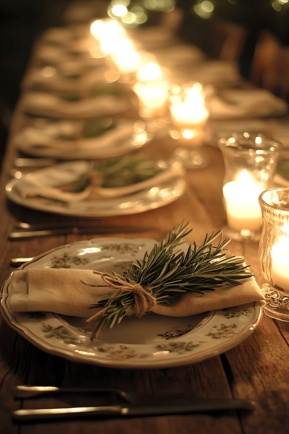 A spring table setting that represents cost-consciousness, with mismatched vintage china plates. Folded linen napkins are dressed with twine and a sprig of rosemary. A gentle candlelight illuminates the arrangement, enhancing the cozy ambiance.