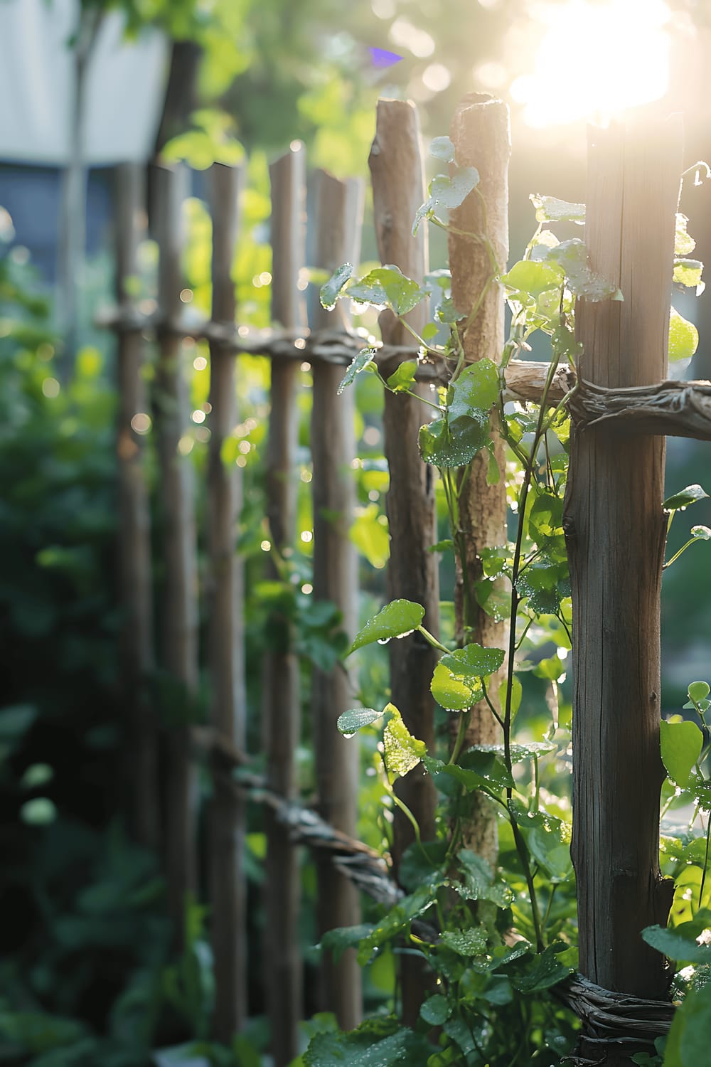 A rustic DIY trellis, carefully crafted from intertwined branches, stands steadily in a quaint cottage garden. The trellis is partially ensnared by young, climbing vines, their leaves beautifully speckled with morning dew gleaming in the warming sunlight.