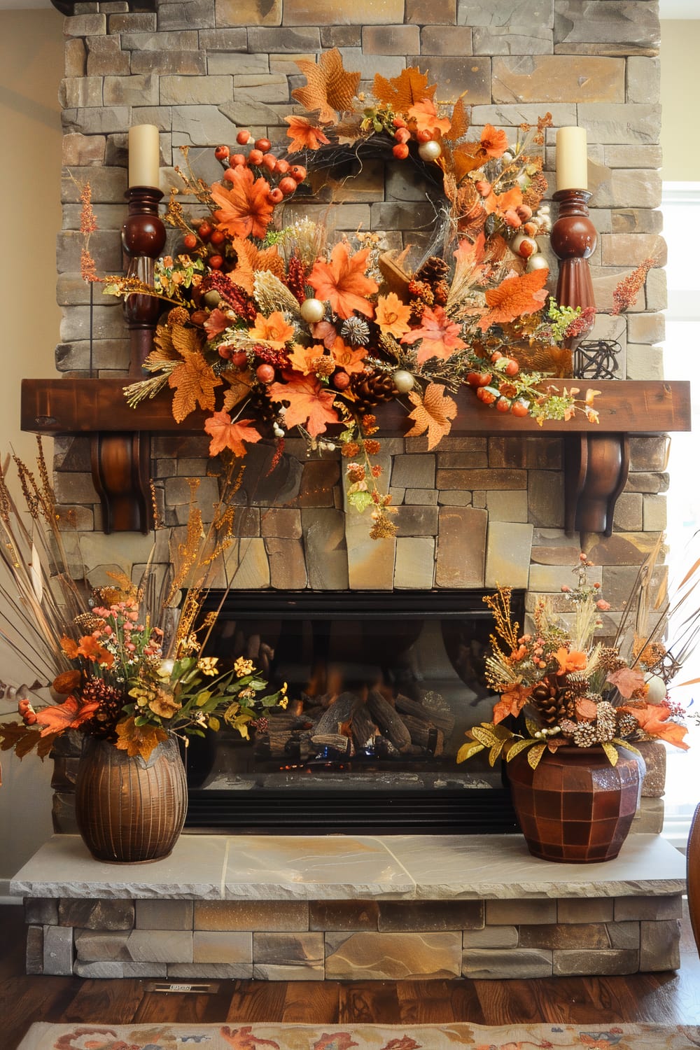 A rustic fireplace adorned with autumn-themed decorations. The mantel is decorated with a large floral wreath featuring orange leaves, berries, and pine cones. On either side of the mantel are two tall, dark-colored candle holders with beige candles. Below the mantel, the hearth features two large vases filled with similar autumnal arrangements, including leaves, berries, and dried flowers.