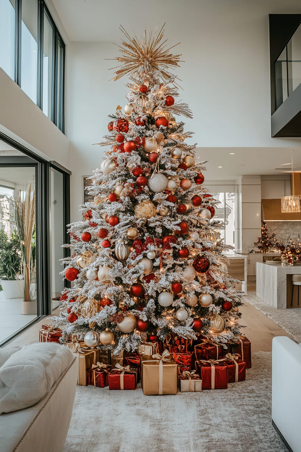 A tall and lavishly decorated Christmas tree stands in a modern living room with high ceilings and large windows. The tree is adorned with red, gold, and white ornaments, including a strikingly large gold star topper. Below the tree, numerous wrapped presents in red and gold sit arranged neatly. The room is illuminated, with another smaller Christmas tree visible in the open-plan kitchen area in the background.