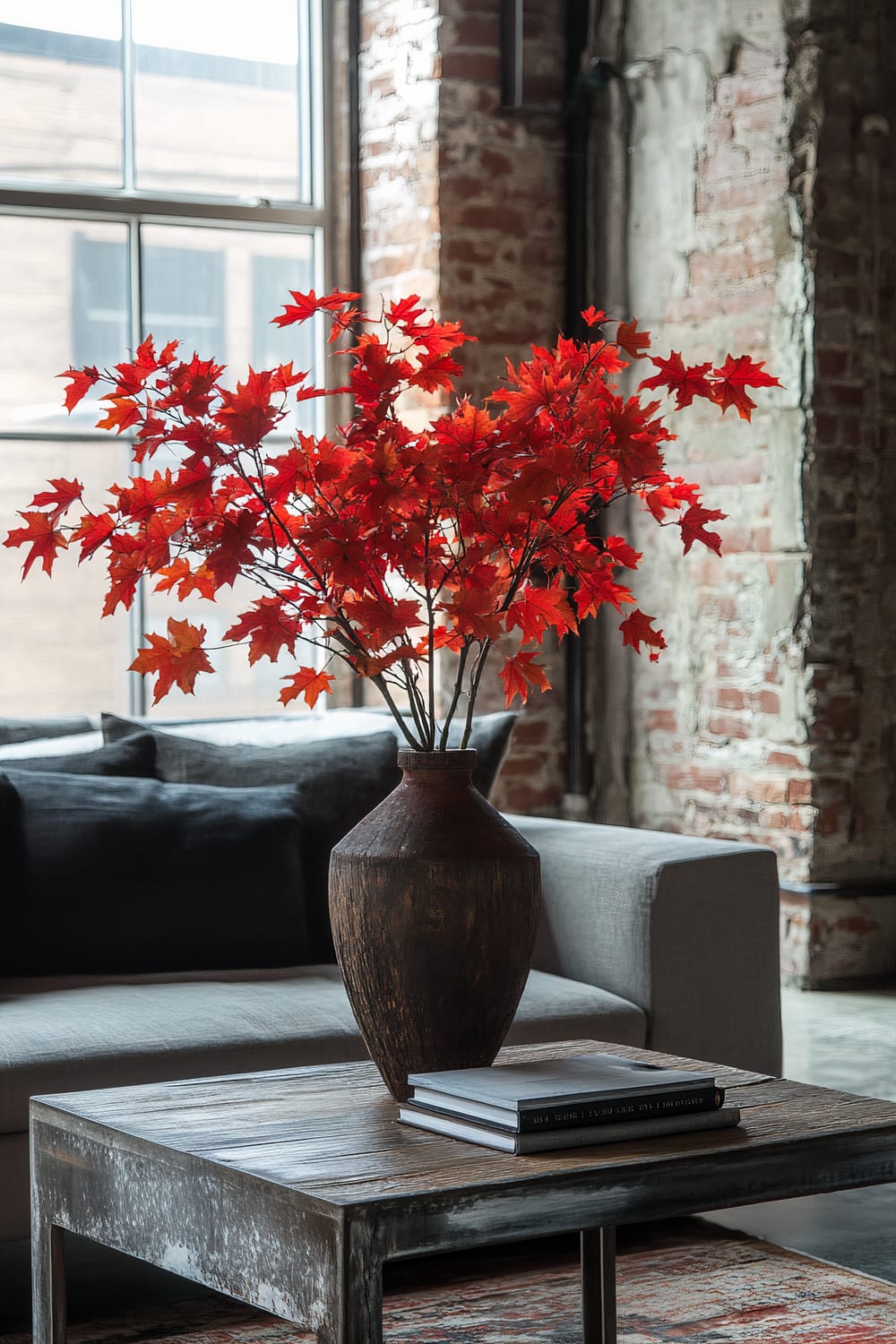 A rustic living room interior featuring a large vase with vibrant red maple leaves on a weathered wooden coffee table. The backdrop includes a grey sofa with dark cushions and a worn brick wall.