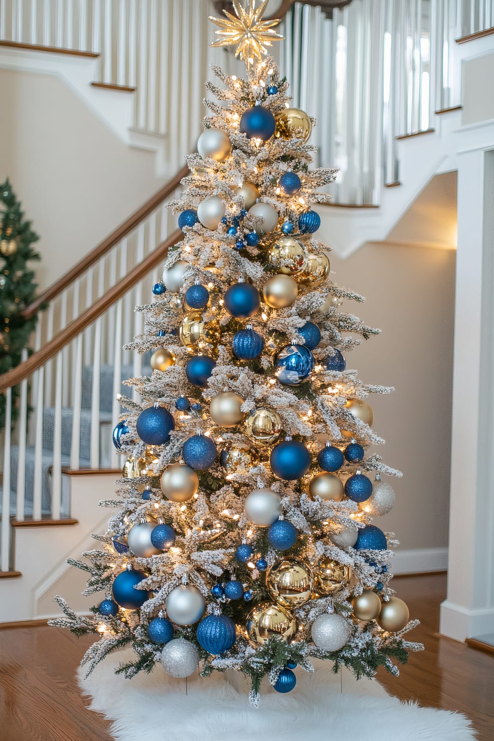 A beautifully decorated Christmas tree stands in what appears to be a grand residential staircase area. The tree is adorned with a blend of gold, blue, and silver ornaments, and topped with a star-shaped tree topper. The tree's branches appear to be lightly frosted, and warm white string lights are wound throughout. The staircase behind the tree has white balusters and a wooden handrail, creating a classic and elegant backdrop.