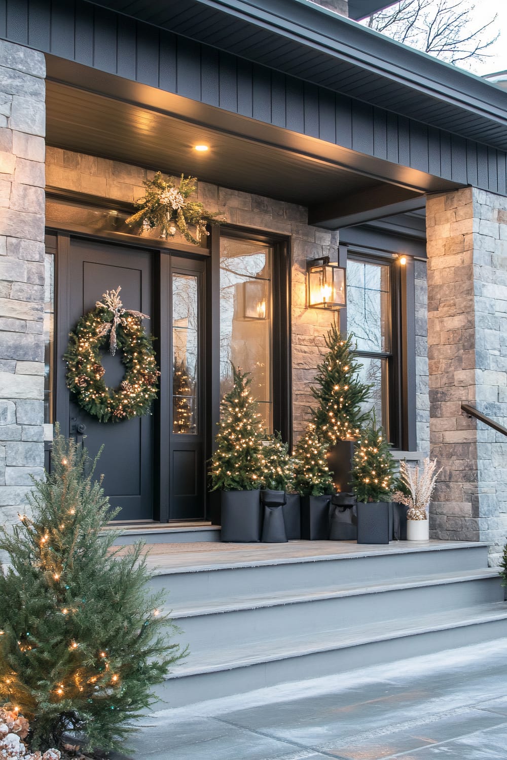 A festive exterior display showcases the entrance of a modern home with sleek lines and elegant stonework. The focal point is a matte black front door adorned with a lush green wreath, accented with silver decorations. Flanking the entrance, black planters hold beautifully lit small Christmas trees, their warm yellow lights casting a cozy glow. Above the door, a matching hanging arrangement adds to the festive ambiance. The lit lantern sconce enhances the overall welcoming appearance. The steps leading to the door are frosted, suggesting a wintry scene, complemented by additional lit greenery on either side of the path.