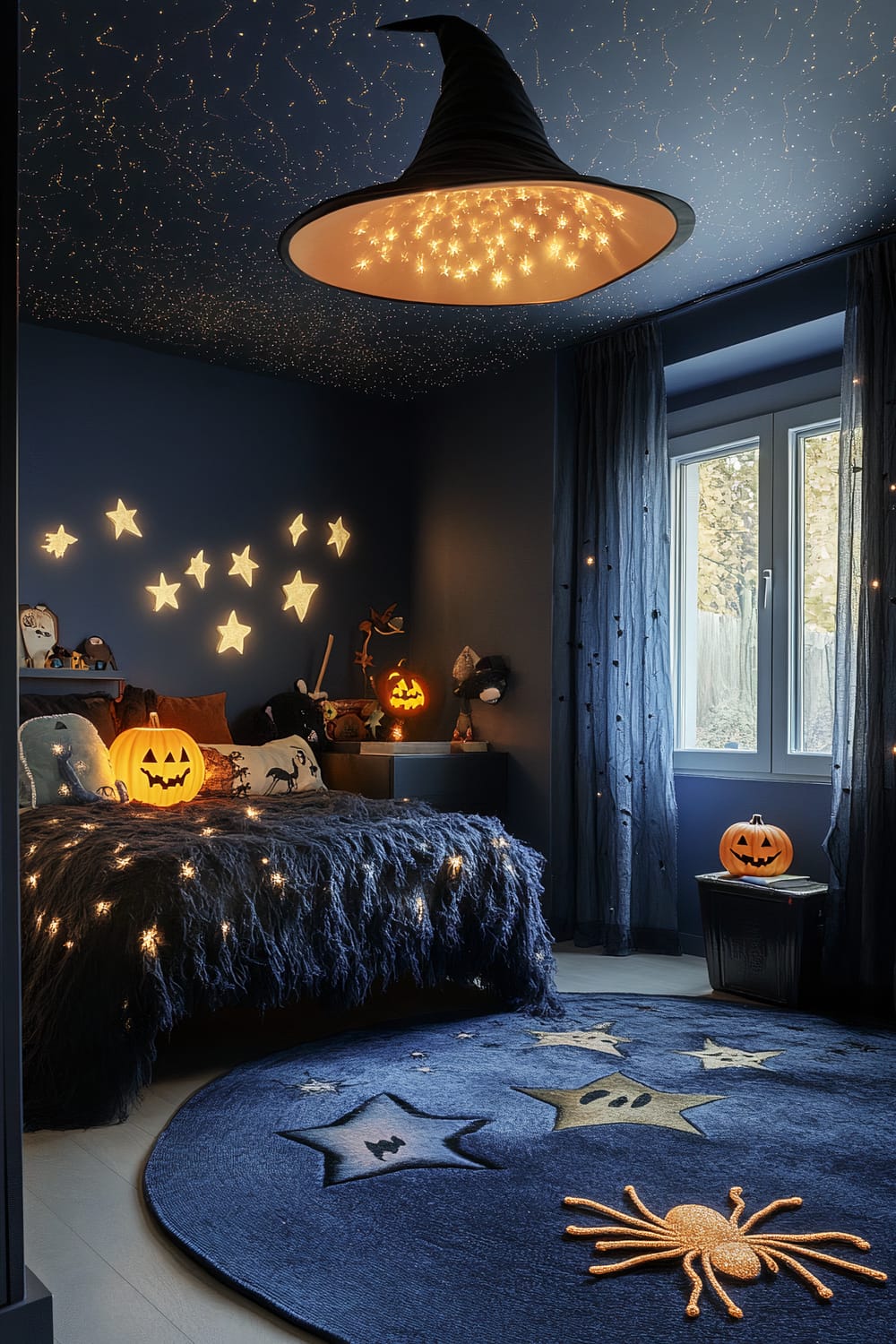 A dark-themed bedroom decorated with a Halloween motif. The ceiling features a large black witch hat light fixture with glowing star-like dots. The deep navy walls are adorned with illuminated star-shaped wall decals. There are several glowing jack-o'-lanterns placed around the room, including on the bed. The bedding is dark and fuzzy with integrated fairy lights, and dark drapes cover the window. The room has a round, dark rug with ghostly stars and a large orange spider.