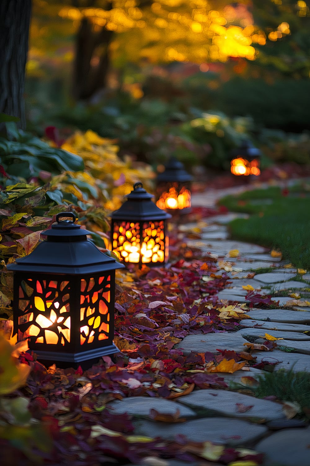 Four lanterns with intricate leaf patterns emanate a warm glow, illuminating a winding stone path covered in red and yellow autumn leaves. Surrounding the path are lush green plants and trees, with the background bathed in soft orange light, suggesting evening or early morning.