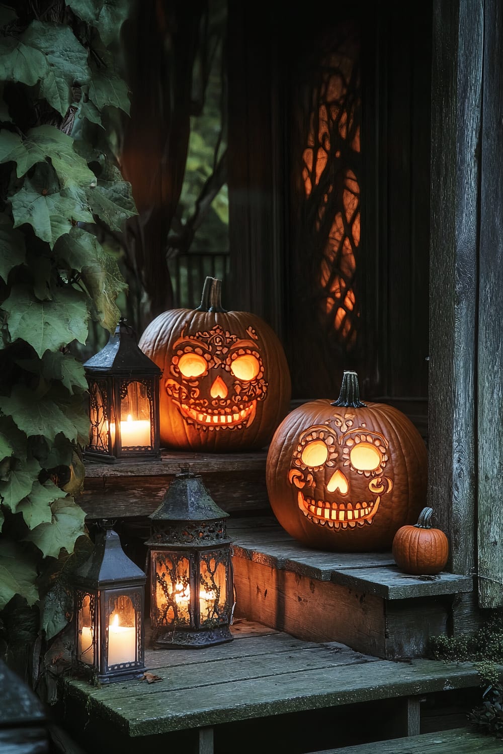 A spooky porch decorated for Halloween at dusk. The scene features intricately carved jack-o'-lanterns with lit candles inside, placed on rustic wooden steps. The pumpkins display decorative skull designs. Several antique lanterns with glowing candles are situated around the pumpkins, providing additional light and shadow play. Leaves and foliage partially cover the background area.