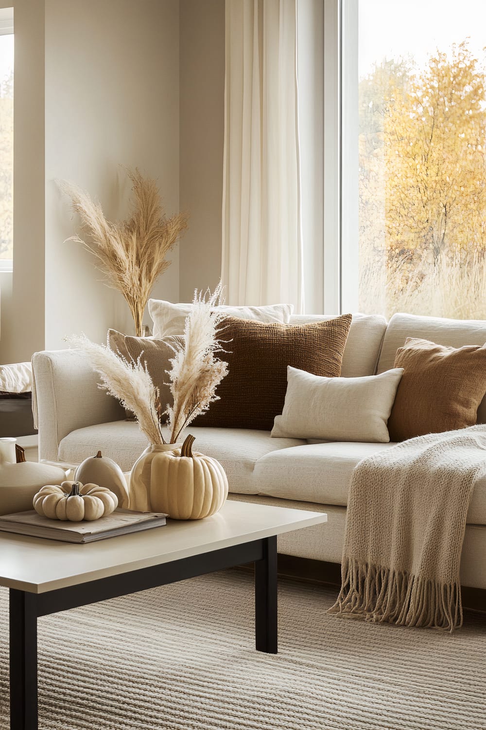 A warmly lit living room decorated in serene earthy tones featuring a beige sofa adorned with white and brown textured pillows. A beige throw blanket is draped over the sofa's arm, while decorative pumpkins and a vase with pampas grass are set on a modern coffee table in front of it. A large window behind the sofa offers a view of autumn trees with yellow leaves, complementing the fall-themed decor. Beige curtains frame the window, and a textured beige area rug adds warmth to the scene.