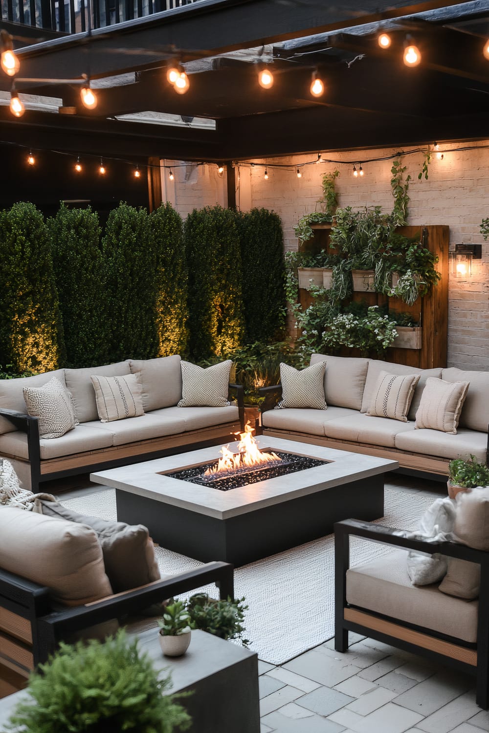 An elegant outdoor patio space features modern beige seating arranged around a sleek square fire pit. The area is illuminated by warm string lights hanging above. A lush green hedge serves as a backdrop along with a vertical garden on a brick wall. The flooring is laid with large tiles and a light-colored rug is positioned beneath the seating area.