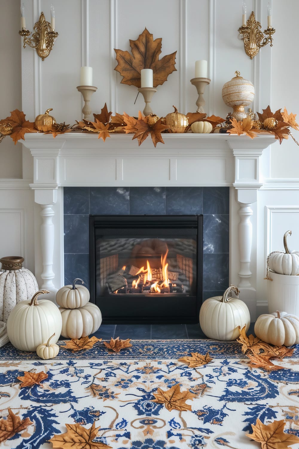 A white fireplace adorned with autumn decorations including orange and gold leaves, pumpkins, and candles. The fireplace has a burning fire with a black marbled surround. On the mantel, there are wooden candle holders, a large orange maple leaf, and various pumpkins. The floor in front of the fireplace features a blue and white patterned rug with scattered orange leaves and white pumpkins.