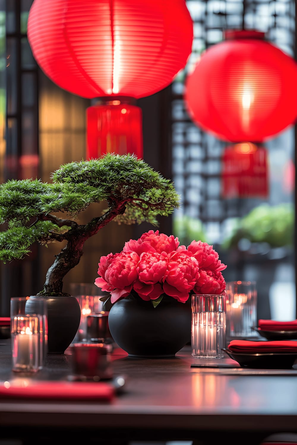 A sophisticated dining table centerpiece featuring a carefully pruned bonsai tree in a sleek black ceramic pot. The tree is complemented by modern red lanterns and lush pink peonies in a contemporary glass vase. The dining room embodies traditional Chinese elements mixed with modern design visible in the dark wooden furniture and minimalist decor. Adding life to the room are subtle red accents strategically placed. Soft, ambient lighting emphasizes the vibrant red lanterns and the elegant bonsai, creating an overall eye-catching and harmonious centerpiece that marries the old and new vibes of Shanghai.