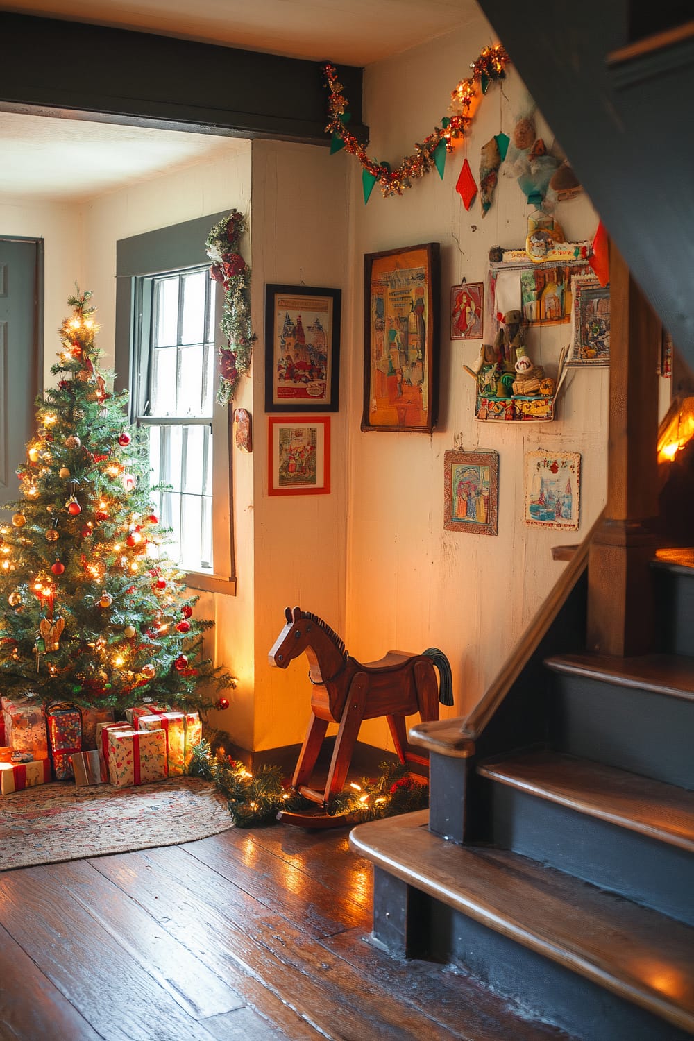 An interior room with Christmas decorations, including a decorated Christmas tree, lit garland, a vintage wooden rocking horse, and framed holiday pictures on the walls. The tree has lights and ornaments and is surrounded by wrapped presents. The room features wooden floors and stairs, with garland draped on the wall.