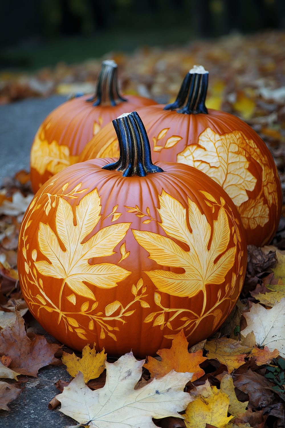 Three pumpkins with intricate carvings of foliage patterns are placed on the ground amidst fallen autumn leaves. The carvings depict detailed, elegant leaf designs, and the stems of the pumpkins have a dark, almost metallic sheen.